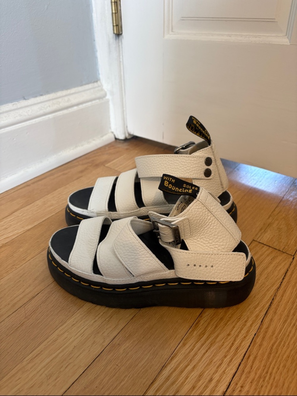 Dr. Martens White Leather Buckle Sandals with Black Soles - Picture 2 of 3